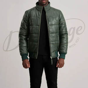 Blouson matelassé en cuir vert forêt pour homme, col montant, doudoune d'hiver en similicuir rembourrée avec bordures côtelées - Product Image 3