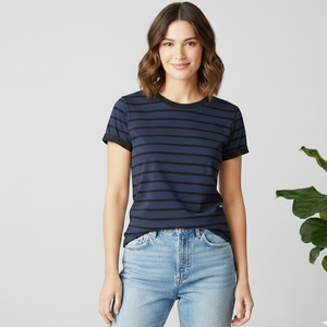 Chemise bleu marine avec doublure noire à motifs pour femmes, tissu de qualité supérieure, t-shirts à manches courtes pour femmes - Product Image 3