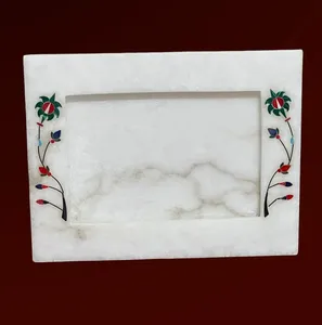 Premium Handmade White Marble Photo <b>Frame</b> <b>with</b> Floral Print for & Lightweight for Home Decor & Gifts - Product Image 4