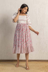 Robe midi à manches bouffantes à imprimé floral, col rond, coupe évasée, décontractée, été, en coton tissé et fibre de bambou, robe à imprimé magnifique pour femmes - Product Image 5