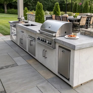 Set Cucina Esterna Moderno in Acciaio, <span class=keywords><strong>Isola</strong></span> BBQ Impermeabile in Acciaio Inox con Bancone <span class=keywords><strong>Bar</strong></span> Integrato per Villa e Giardino - Product Image 1