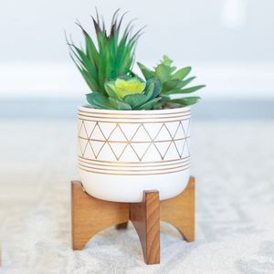 Minimalist Wooden Flower <b>Stand</b> with White Metal Planter for Indoor Use - Product Image 3