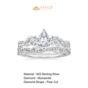 Anillo de Compromiso y Boda de Moissanita con Corte Pera, Tono Plateado, Piedras Laterales Redondas, Banda Pavé, Joyería Elegante, Regalo para Ella - Product Image 6