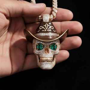Hiphop Style Skull <b>Pendant</b> With <b>Emerald</b> Eyes Diamond Accents 18K Gold Plated Men's Themed Charm - Product Image 1