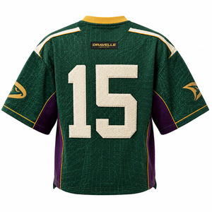 DRAVELLE Men's V-Neck Short Sleeve Soccer Jersey <b>Mesh</b> 100% Polyester Tackle Twill Print Number 15 Green Purple Gold - Product Image 3