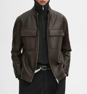 Blouson moto en cuir de vachette pour homme grande taille, col montant, fermeture éclair, noir uni, streetwear d'automne - Product Image 2