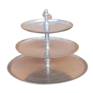 Best Designer Hammered Metal Cake Stand With Golden Handle 3 Tier Round Silver Dessert Display Platter For Wedding Decoration - Product Image 6