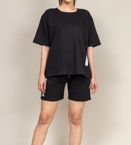 Women's Black 2-Piece <b>Knitted</b> <b>Set</b> O-Neck Three Quarter Sleeve Lace Vintage Top Pocket Regular Fit Knee Shorts High Support Solid - Product Image 1