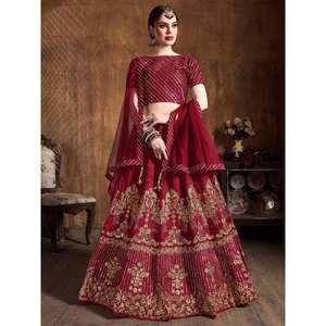 Adorable Lehenga Choli de seda de arte rojo con bordado para ropa de boda - Product Image 1