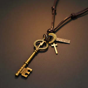 18K Gold Plated Key of Valor Pendant 3-Inch Stainless Steel with Adjustable Leather Rope for Men and Boys - Product Image 2