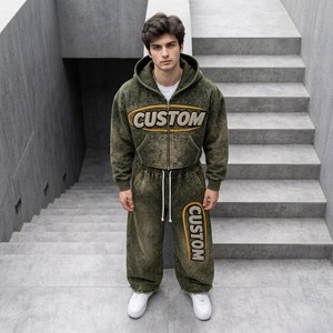 Custom Men's Vintage Acid Wash Tracksuit Rhinestone Chenille <b>Hoodie</b> Wide Leg Sweatpants Heavyweight Urban Fashion - Product Image 2