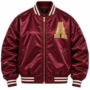 <b>Men's</b> Burgundy Varsity <b>Jacket</b> With Gold <b>Sequin</b> Letter A Front Zipper Preppy Style Regular Fit Turn-down Collar - Product Image 1