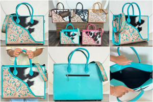 Premium Hand Tooled Turquoise Hair On Cowhide Tooled Leather Women Tote Bag Vintage Floral Top <b>Handle</b> Crossbody Travel <b>Handbags</b> - Product Image 3
