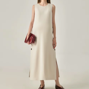 Elegant Minimalist Summer Midi Breathable Buttons Plain Dyed Polyester Sleeveless Spandex Side Slit Front Casual Dresses Made - Product Image 1