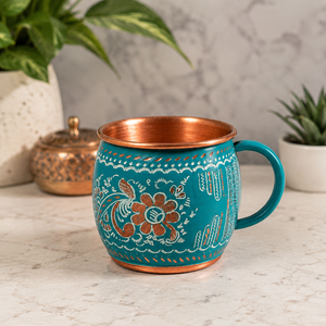 Mug artisanal en cuivre pur avec motif floral émaillé turquoise 350 ml, tasse à eau ayurvédique, tasse à café ou à thé, cadeau vintage fait main - Product Image 3