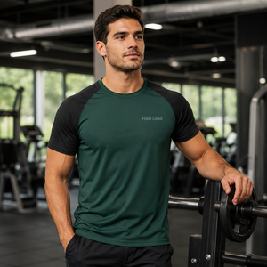 <b>Men's</b> Green <b>Black</b> Raglan Sleeve Performance T-<b>Shirt</b> Quick Dry <b>Slim</b> <b>Fit</b> O-Neck Sporty Design Front Logo Printing - Product Image 4
