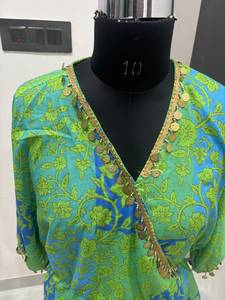Wholesale Green Color Floral Print V Neck Kimono Half Sleeve Gold Coin Lace Trim <b>Wrap</b> Waist Holiday Premium Women's <b>Beach</b> Wear - Product Image 4