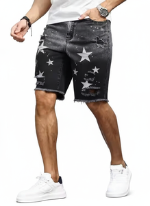 Shorts en jean noir streetwear personnalisés pour homme, coupe slim, en denim épais avec détails déchirés et motif étoile blanche - Product Image 2
