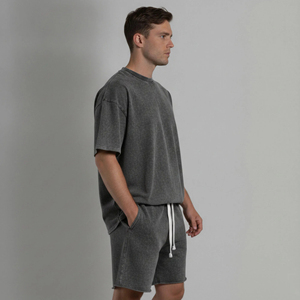 Best Quality Regular Cotton Fleece T-Shirt Shorts <b>Set</b> Crew Neck Solid Drop Shoulder Summer Casual Wear Breathable Printed - Product Image 5