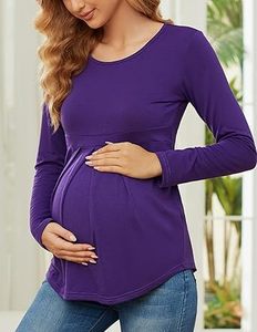 Pregnant Woman Maternity Breastfeeding Tee Shirt 100% Cotton Purple Color Plain Full Sleeve Summer Wear Maternity T-Shirts - Product Image 3