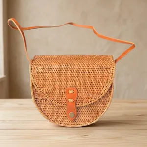 Indonesia's Best Seller Vintage Half Round <b>Straw</b> Crossbody <b>Bag</b> with Single Leather Strap Summer Beach Style - Product Image 1