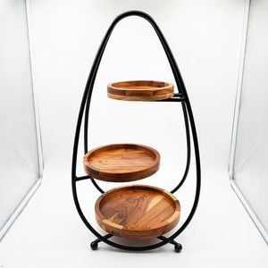 Support à 3 niveaux en bois rond avec cadre en métal noir, présentoir décoratif pour la maison, la cuisine et le comptoir - Product Image 5