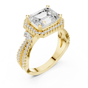 Anillo de compromiso de tres piedras con halo esmeralda Axis para mujer, oro de 10k/14k/18k/plata de ley, joyería con pavé dividido de oro y plata de laboratorio. - Product Image 4
