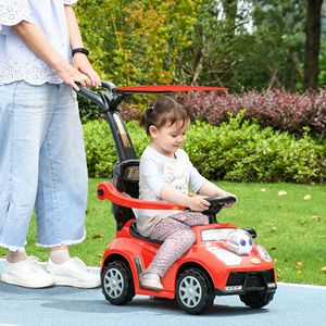 Passeggino scorrevole 3 in 1 con barriera di sicurezza rossa, maniglia rimovibile, corno musicale e tettuccio per passeggini e giocattoli da trainare - Product Image 2