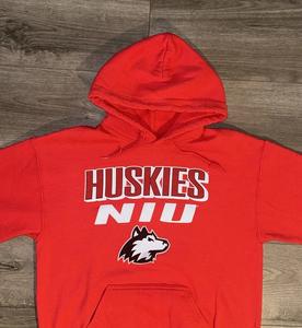 Sudadera con capucha vintage con estampado gráfico grande del logo de los Northern Illinois Huskies para hombre, talla M, color rojo - Product Image 4
