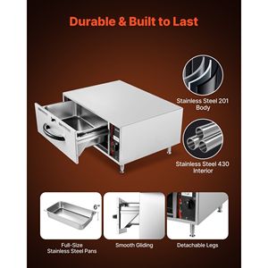 Chauffe-plats électrique commercial à tiroir unique en acier inoxydable, plage de température large de 85 à 185 degrés Fahrenheit, chauffe-plats autonome - Product Image 5