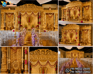 Mandap de mariage doré sculpté Ganesha Royal, Mandapam traditionnel du sud de l'Inde avec piliers sculptés, Mandap en fibre exclusif pour les mariages aux États-Unis - Product Image 6
