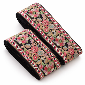 Ribete de encaje bordado floral tradicional de lujo sobre base negra para vestidos de novia, bordes de sari, decoración de prendas y uso en alta costura - Product Image 1