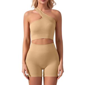 Conjunto de Yoga de Dos Piezas con Hombro Descubierto, Pantalones Cortos de Cintura Alta, Color Sólido, Transpirable, Sin Costuras, Elástico, Ropa Deportiva - Product Image 1