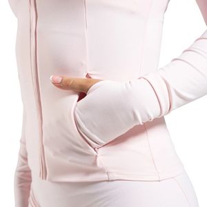 Women's Light Pink Full Zip Training Jacket with <b>Thumb</b> Holes Long Sleeve Breathable Stretch Yoga Fitness Running Sports Jacket - Product Image 4