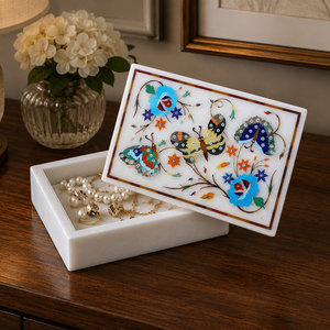 Luxury Polished Marble Inlay Floral Jewelry <b>Trinket</b> <b>Box</b> Handmade Pietra Dura Decorative - Product Image 1