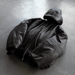 Chaqueta Bomber con Capucha de Cuero PU para Hombre, Cortavientos, Gruesa, Estilo Motero, Cierre de Cremallera, Color Sólido, Corte Holgado - Product Image 1