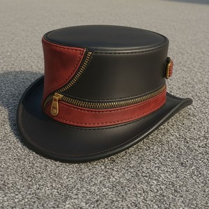 <b>Steampunk</b> Black & Red Handmade Leather <b>top</b> <b>Hat</b> with Brass Zipper Western Style Premium Quality Sports Business - Product Image 4