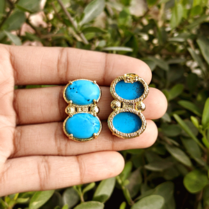 Boucles d'oreilles clous en laiton plaqué or 18 carats avec double cabochon ovale turquoise bleu, design barre verticale, bijoux fantaisie pour femme, cadeau - Product Image 4