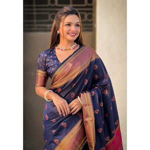 Sari de Seda Paithani Azul Marino Elite Weaves con Tejido Zari, Nath de Secado Rápido, Elástico, Protección Solar, Elegante para la Noche - Product Image 4