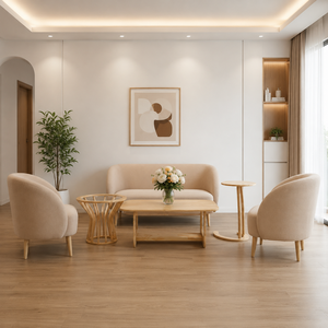 Conjunto de Sofá Moderno de Madera Curvada con Tapicería Beige, Diseño Escandinavo para Sala de Estar, Acabado Mate Ecológico - Product Image 3