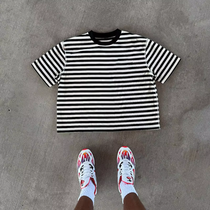 Camisetas de Gran Tamaño de Algodón Pesado de 250 g/m², Venta Caliente de Verano, Camisetas de Manga Corta a Rayas con Logotipo Bordado Personalizado para Hombre - Product Image 4