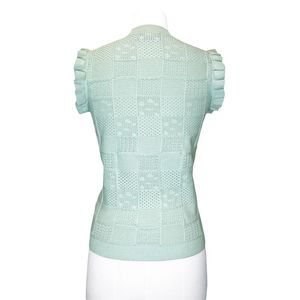 เสื้อสเวตเตอร์ถักไหมพรมสีเขียวมิ้นท์สำหรับผู้หญิง แขนกุด คอกลม แต่งระบายที่ไหล่ ลายปักแบบโปอินเทล สวมใส่สบายๆ สำหรับฤดูใบไม้ผลิ - Product Image 2