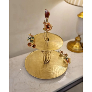 Golden Two-Tier Metal Serving <b>Tray</b> Bowl With Enamel Bird And Flower Decor Handmade Glam Style For Wedding & Party Food Serving - Product Image 1