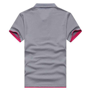 Polo gris pour homme à manches courtes, couleur unie, tricoté, respirant, décontracté, avec col et poignets à bordure rose, boutons sur le devant - Product Image 2