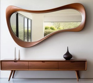 Miroir décoratif LED sur pied en verre concave Art Déco de luxe avec design encadré pour la décoration intérieure - Product Image 1