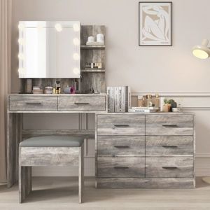"Modern <b>Makeup</b> Vanity with 10 LED Lights Charging Station & Desk <b>Mirror</b> for Dresser Use" - Product Image 1