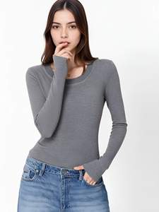 T-shirt Chic Décontracté Vintage d'Été pour Femme, Haut Tricoté Uni à Col U, Manches Longues, Coupe Ajustée, Respirant, Court - Product Image 3