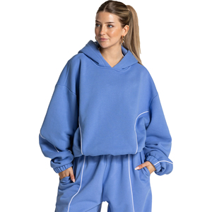 Conjunto de chándal de 2 piezas para mujer, estilo streetwear oversize, con contraste en azul bebé, pantalones de chándal con cordón en la cintura, 100% algodón - Product Image 1