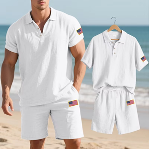 Conjunto de Camiseta Polo y Pantalones Cortos de Algodón Blanco para Hombre, Bordado con la Bandera de EE. UU., Ropa Casual de Verano - Product Image 1