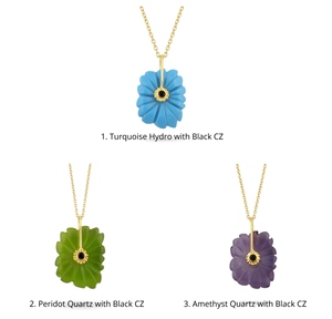 Collier pendentif en laiton plaqué or avec pierres précieuses sculptées en forme de fleur (turquoise, péridot, améthyste, quartz) et zirconiums noirs – Produit le plus vendu - Product Image 2